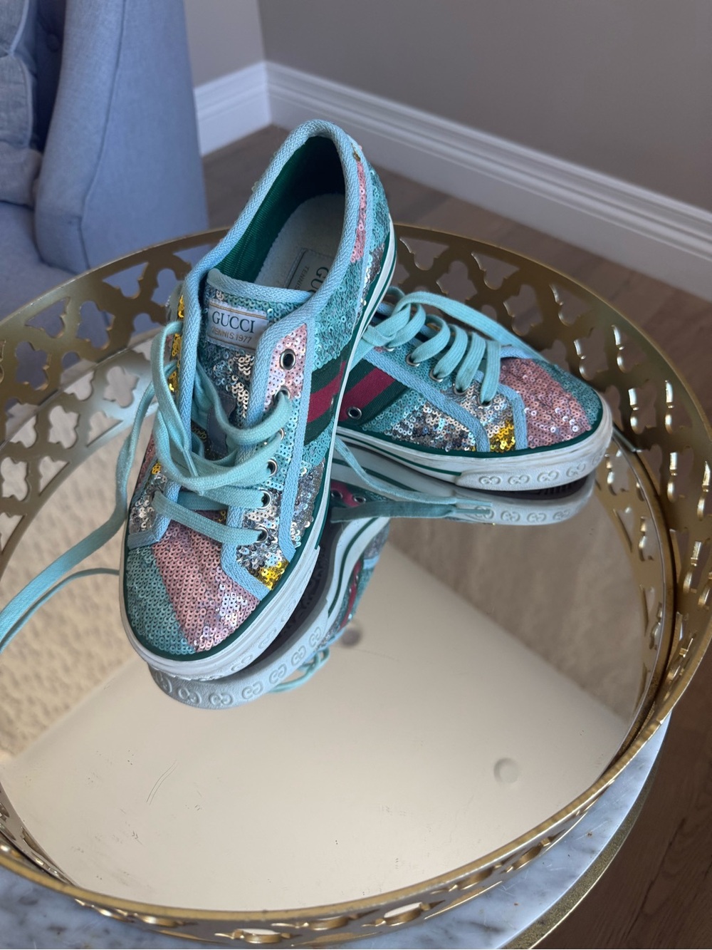 Gucci Sequin Low-Top Sneakers in Aqua, Pink & Green